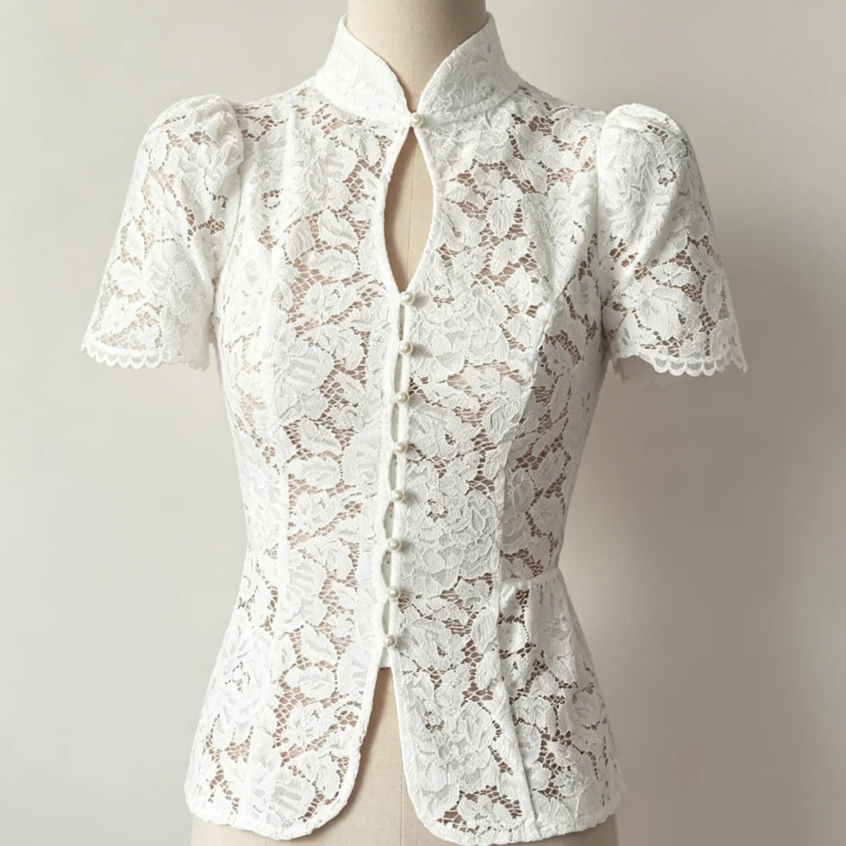 Coralie Pearl-Button Lace Blouse