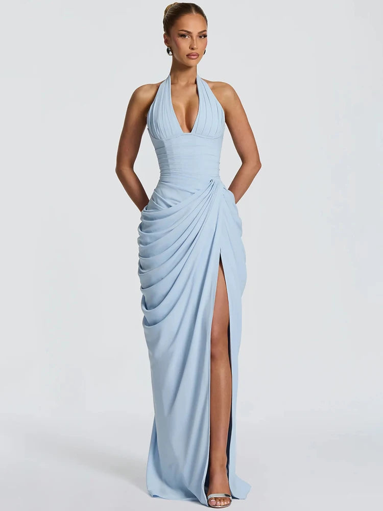 Nadia Halter Deep-V Slit Maxi Dress
