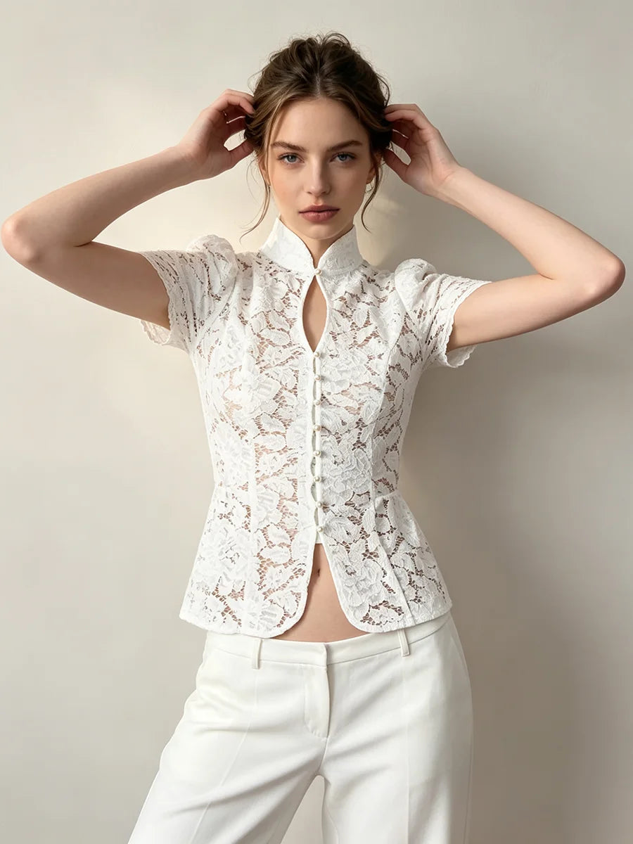 Coralie Pearl-Button Lace Blouse