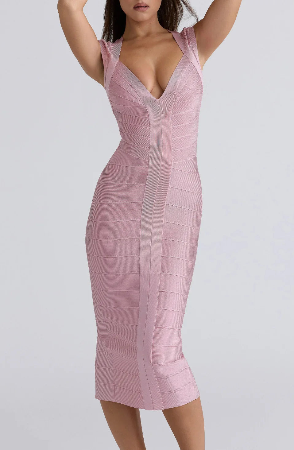 Petronella Claret V-Neck Bodycon Midi Dress