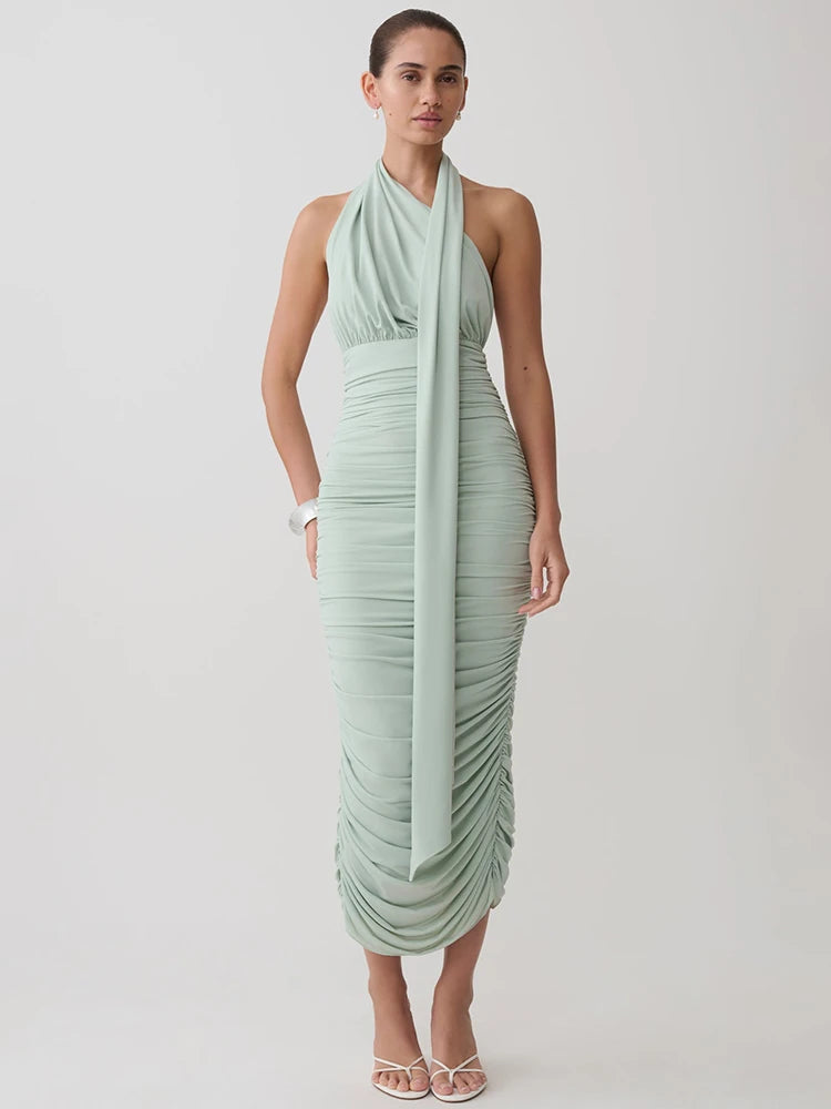 Odessa Twist Halter Split-Back Midi Dress