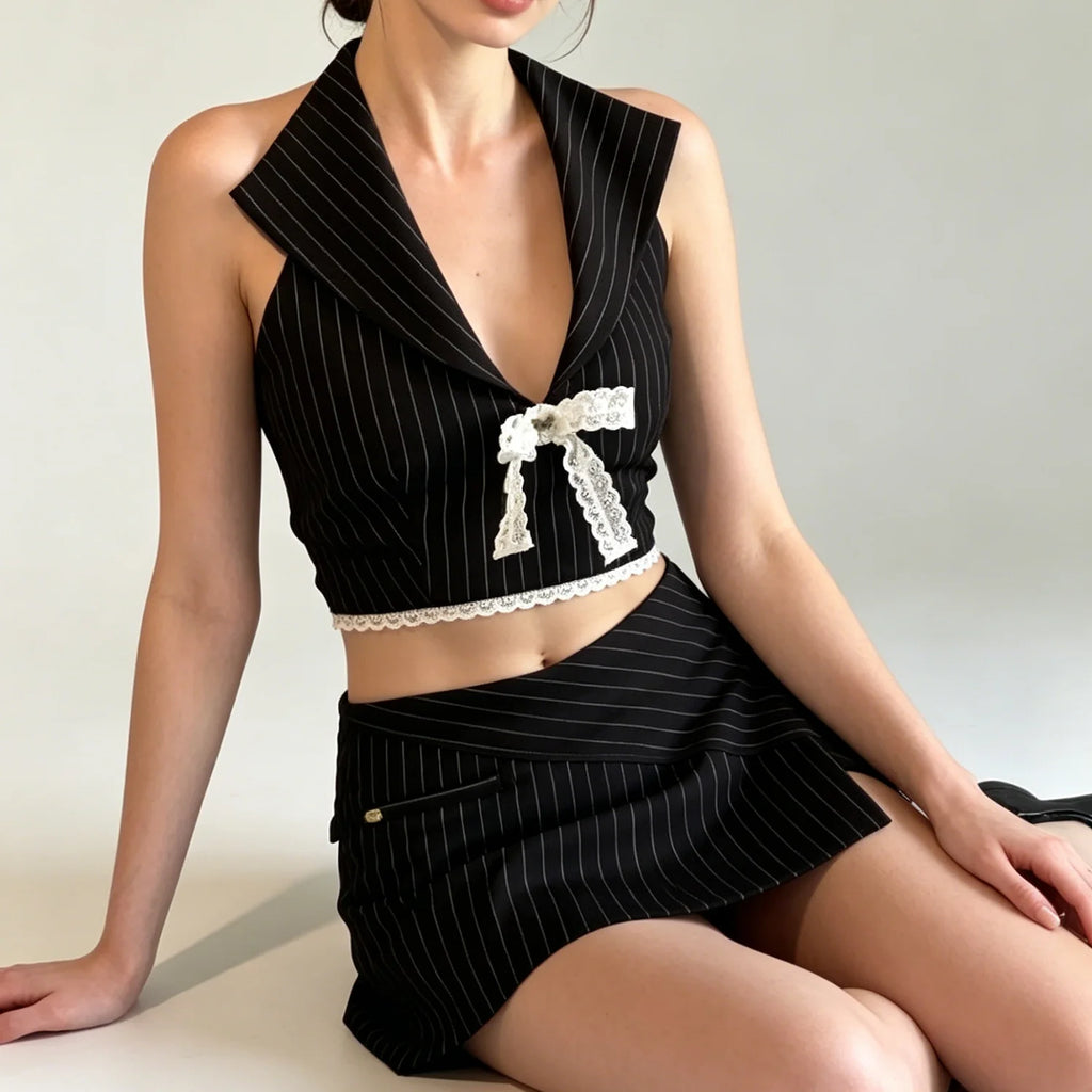 Kensington Lace Bow Halter Crop Top & Mini Skirt Set