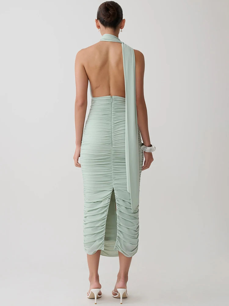 Odessa Twist Halter Split-Back Midi Dress