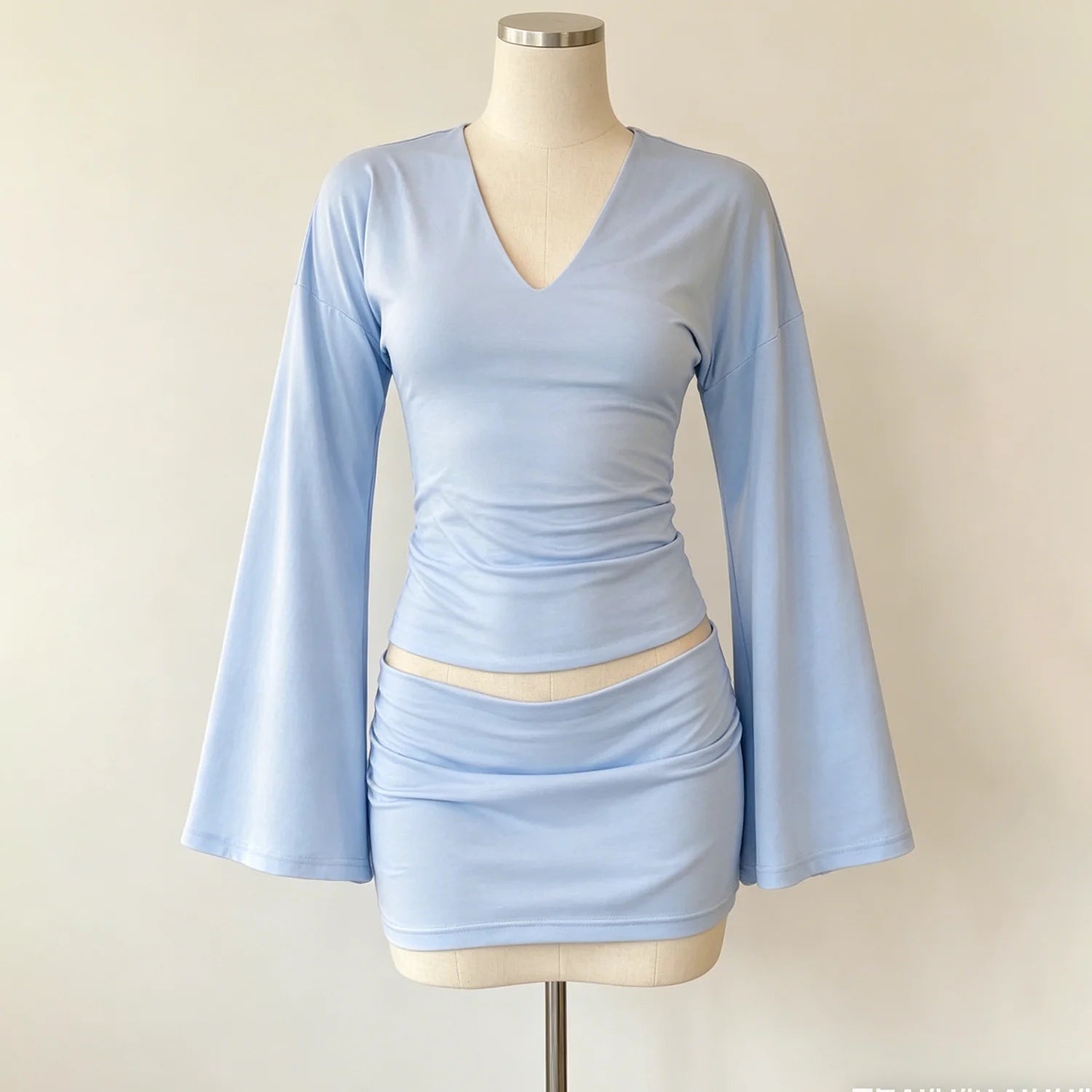Kiara Flare-Sleeve V-Neck Top & Mini Skirt Set