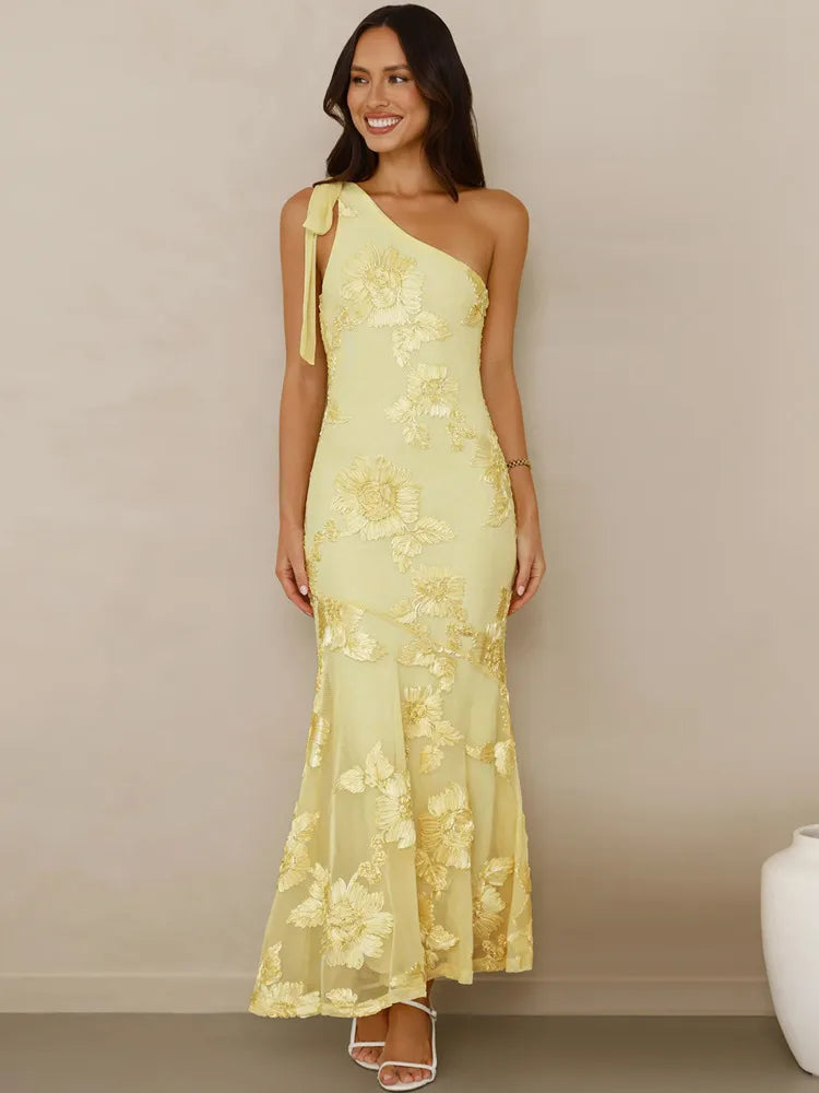 Lumen One-Shoulder Floral Applique Maxi Dress