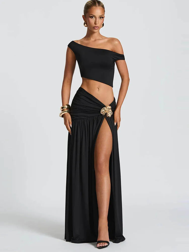 Meridian Metal-Trim Crop Top & Maxi Skirt Set