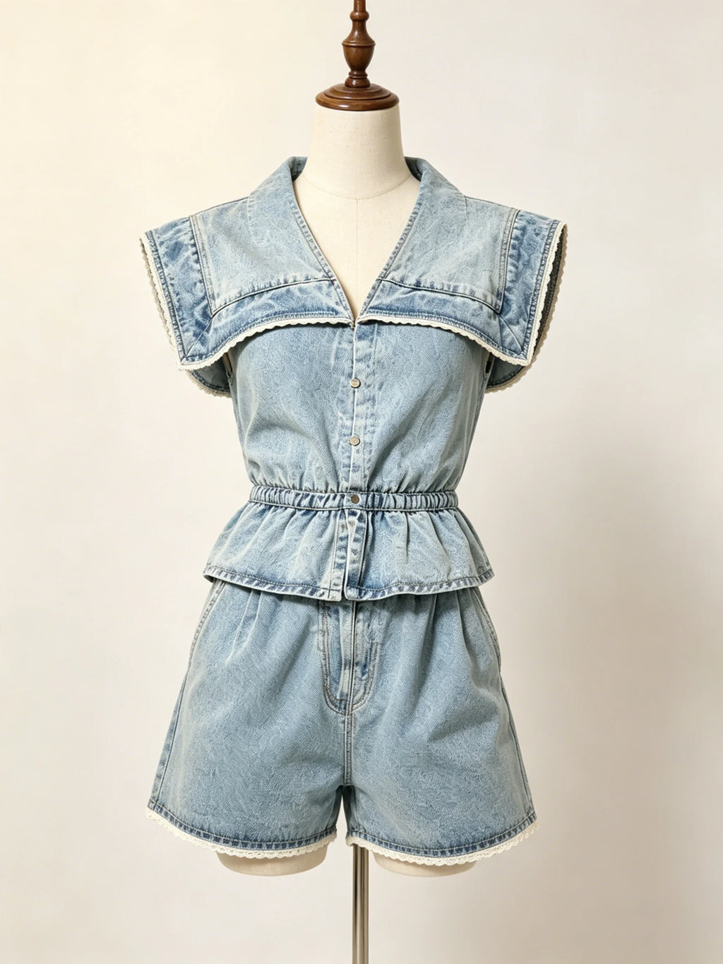 Junia Denim Ruffle-Collar Top & Shorts Set