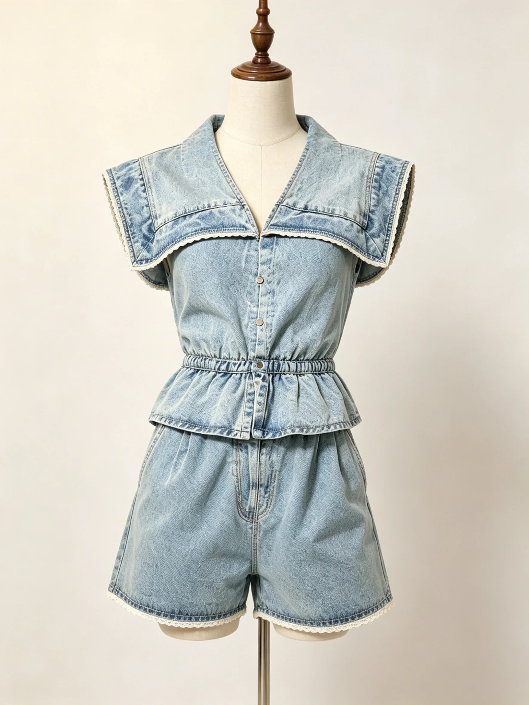 Junia Denim Ruffle-Collar Top & Shorts Set