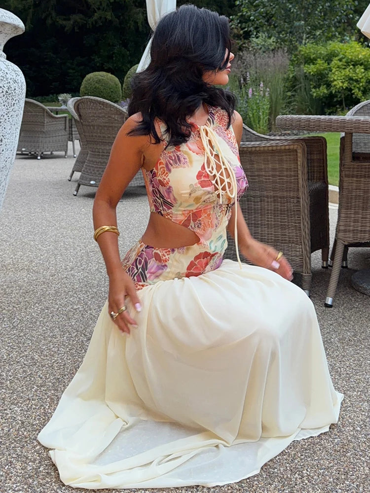 Rosetta Floral Lace-Up Maxi Dress