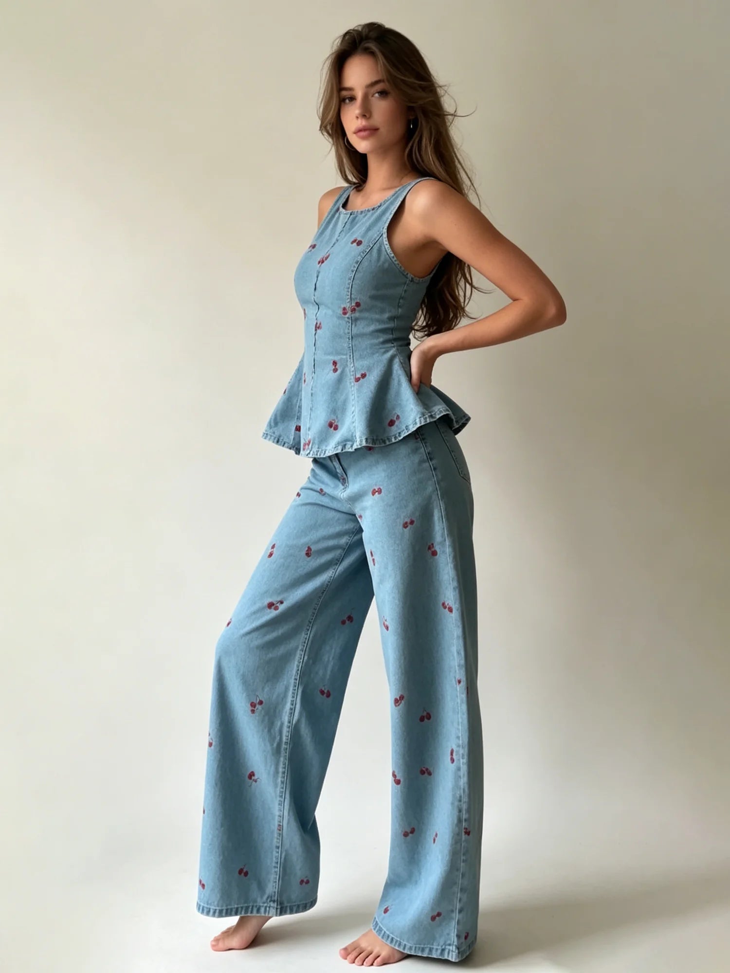 Larkin Cherry Print Denim Peplum Top & Pants Set