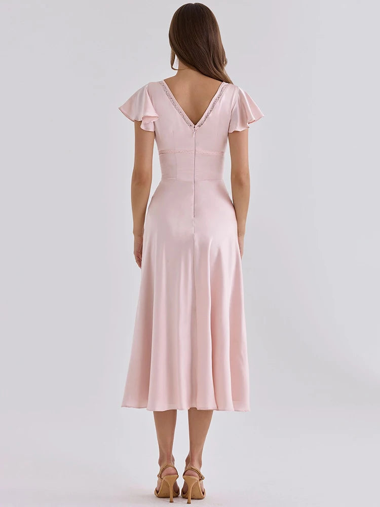 Sabrina Satin Deep-V Midi Dress