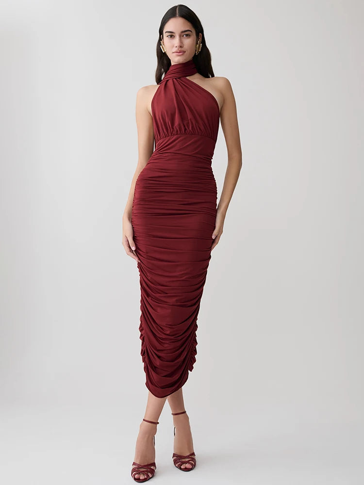 Odessa Twist Halter Split-Back Midi Dress