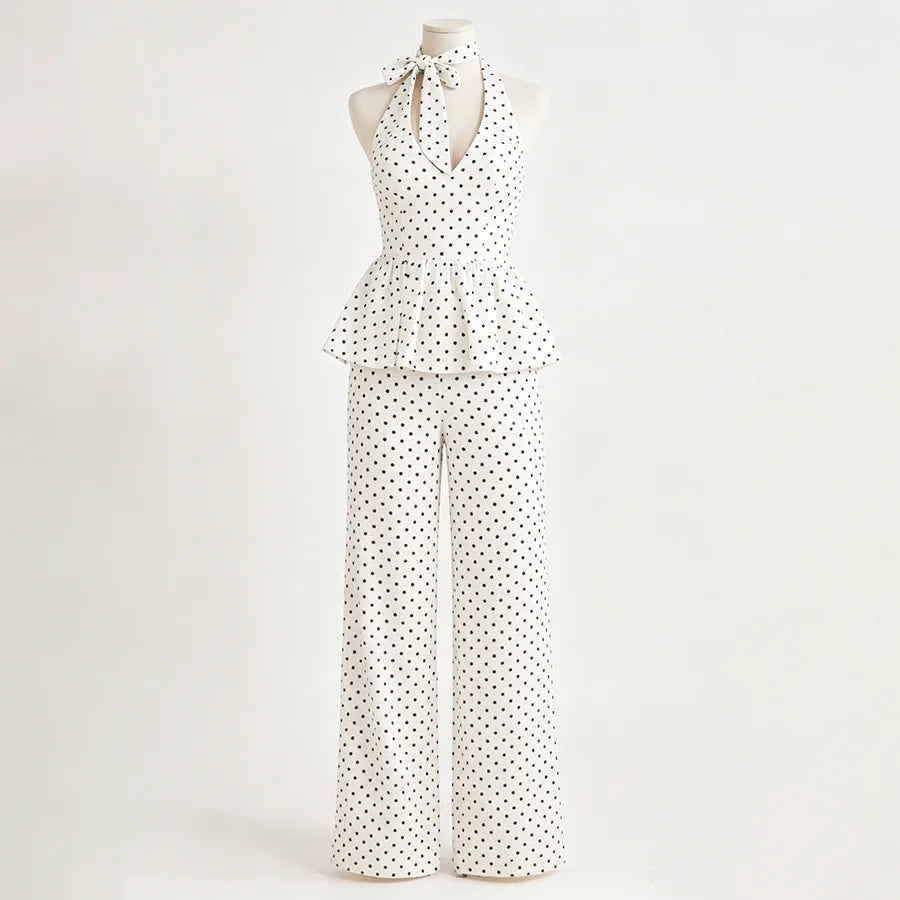 Jolie Polka Dot Peplum & Wide-Leg Pants Set